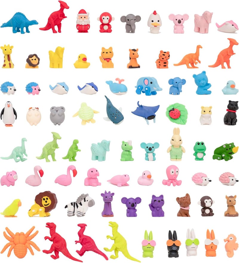 Clock King 72Pcs 3D Animal Erasers for Kids, All are Animal Styles, Random Desktop Pets Toys Gifts, Mini Puzzle Classroom Rewards, Kids Party Favors Back to School Supplies - Image 1
